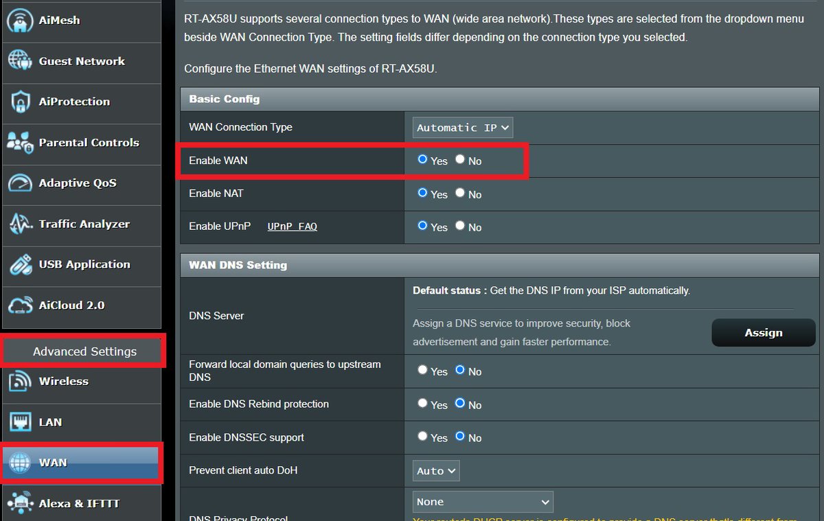 The WAN feature is enabled on Asus Wi-Fi router from the Advanced Settings