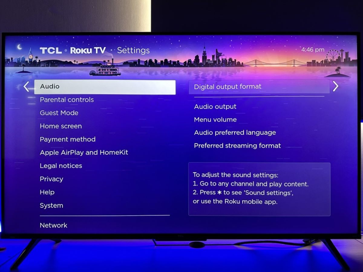audio and digital output format options are highlighted on a tcl roku tv