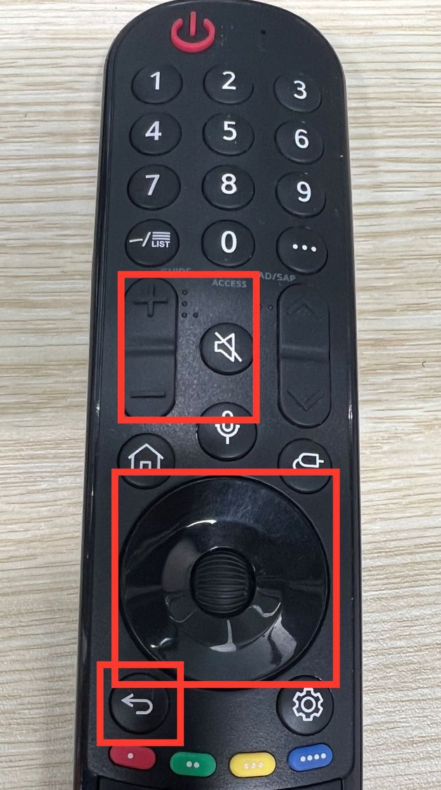 back, volume, directional buttons of an lg remote are highlighted