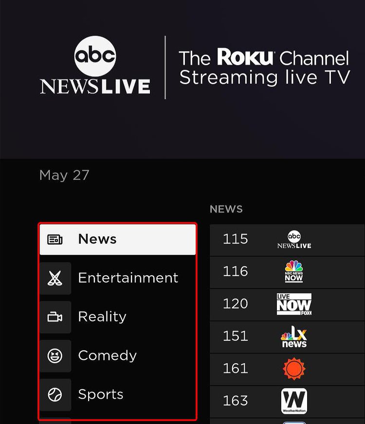 category list of roku live tv is highlighted