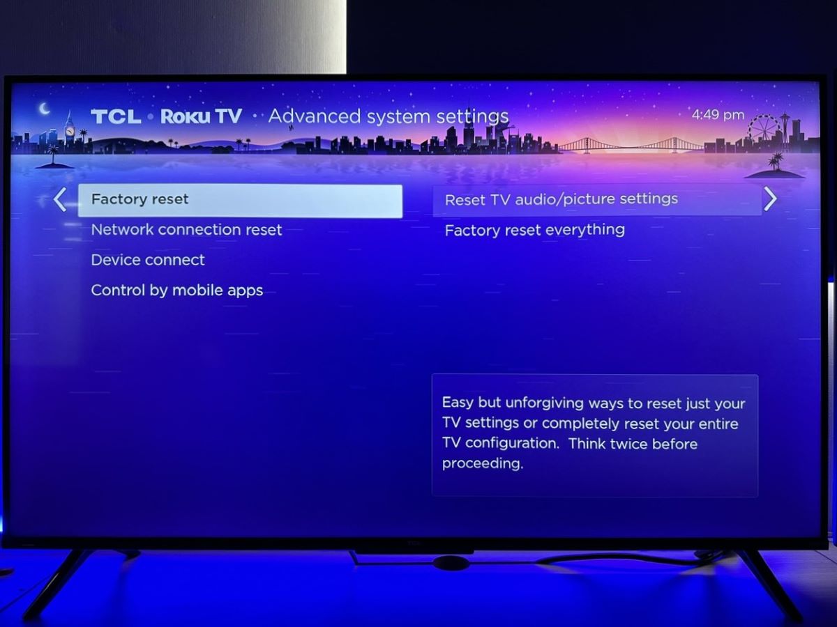factory reset and Reset TV audio picture settings options are highlighted on a tcl roku tv