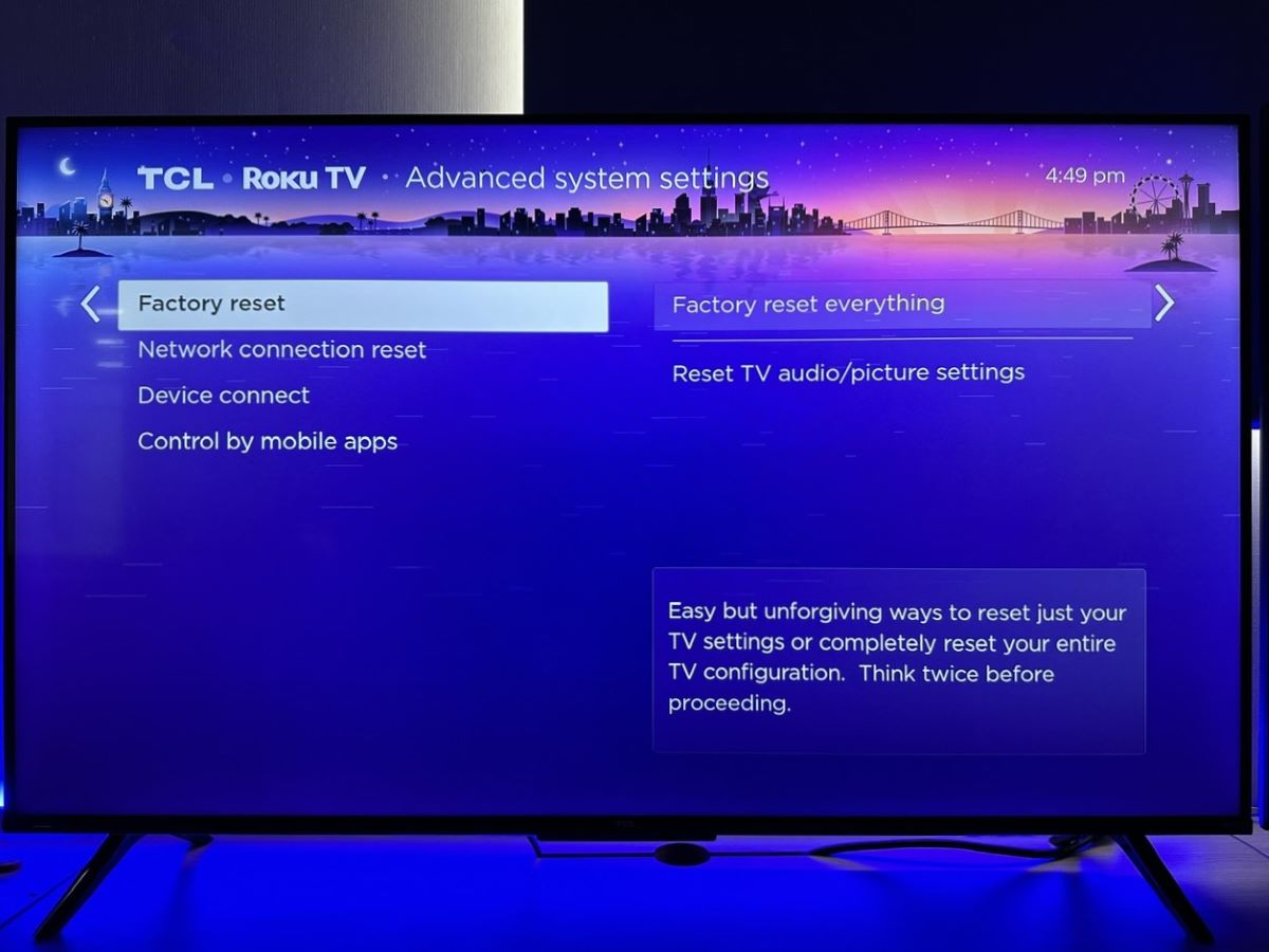 factory reset and factory reset everything options are highlighted on a tcl roku tv
