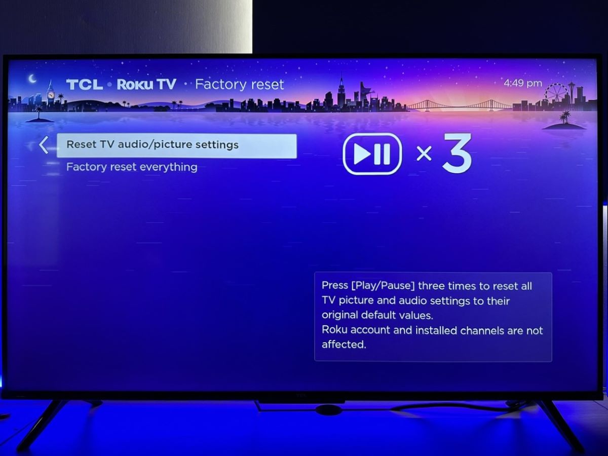 reset tv audio picture settings option is highlighted on a tcl roku tv