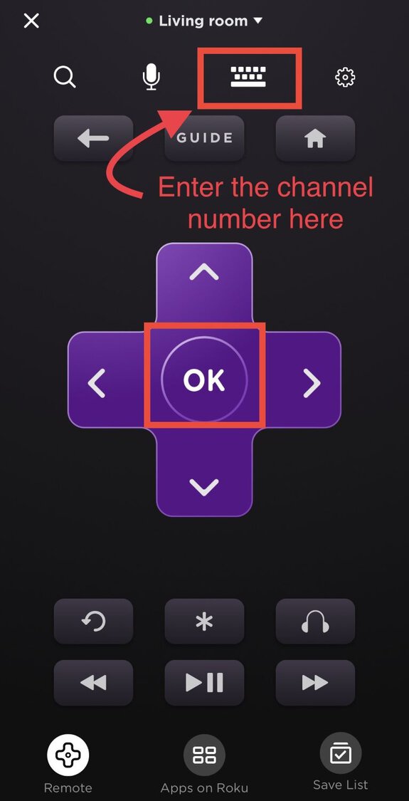 roku mobile app, the ok button and keyboard feature is highlighted