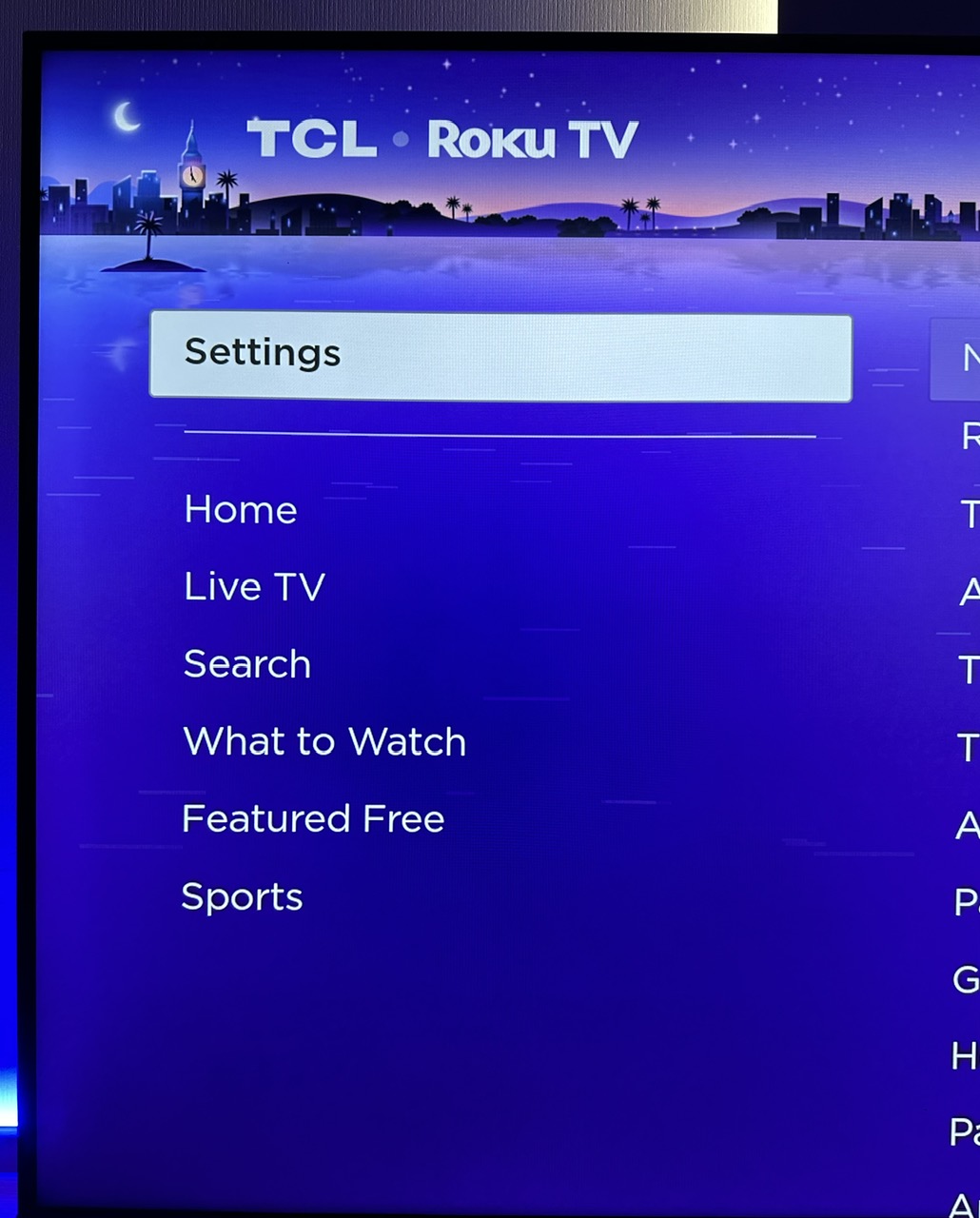 settings is highlighted on a tcl roku tv