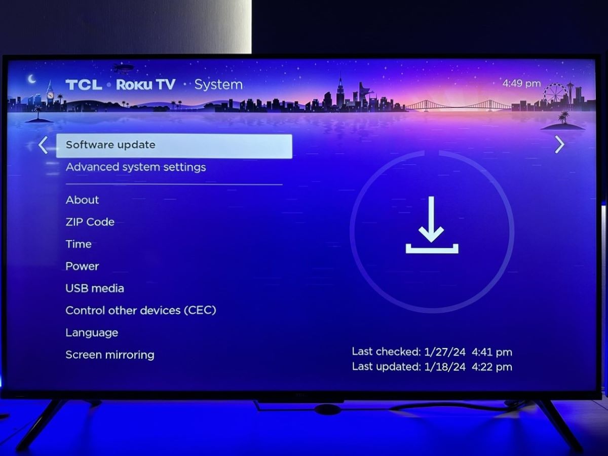 software update option is highlighted on a tcl roku tv