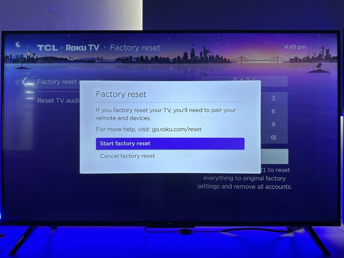 start factory reset option is highlighted on a tcl roku tv