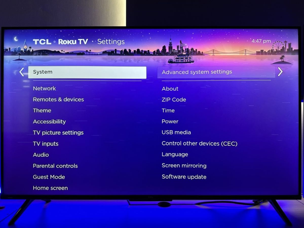 system and advanced system settings options are highlighted on a tcl roku tv