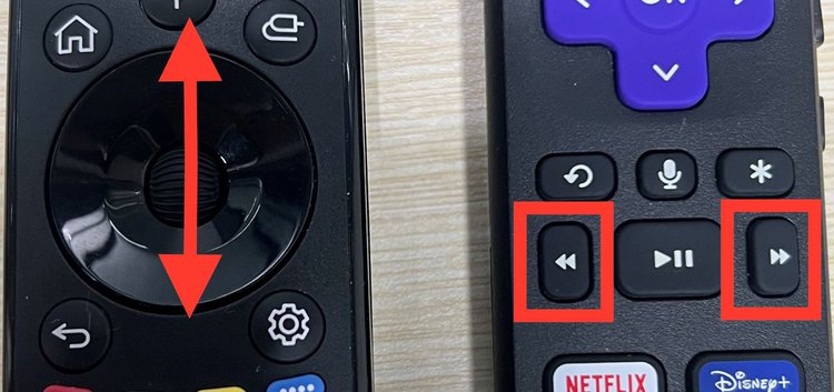 two opposing arrows placed on the select button of the lg remote and fast-forward and rewind buttons of a roku remote are highlighted
