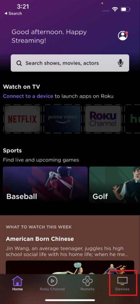 Devices icon in the Roku Mobile app