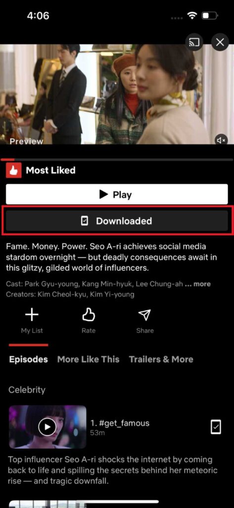 Downloaded status of a Netflix movie on an iPhone
