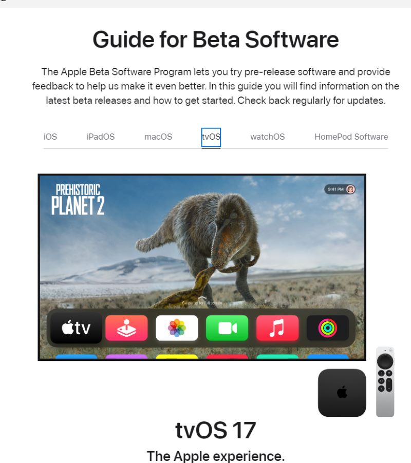 Guide for Beta Software of tvOS17 on Apple website