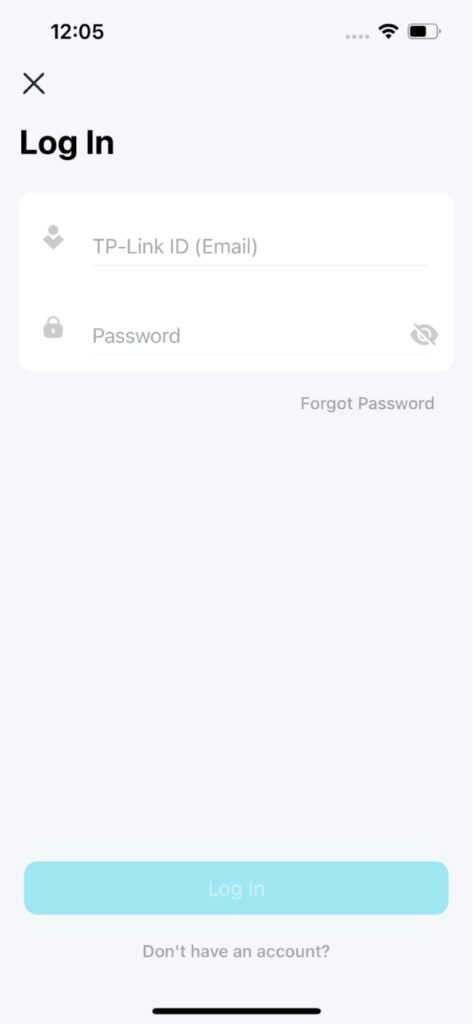 Log In page in the TP-Link Tether app
