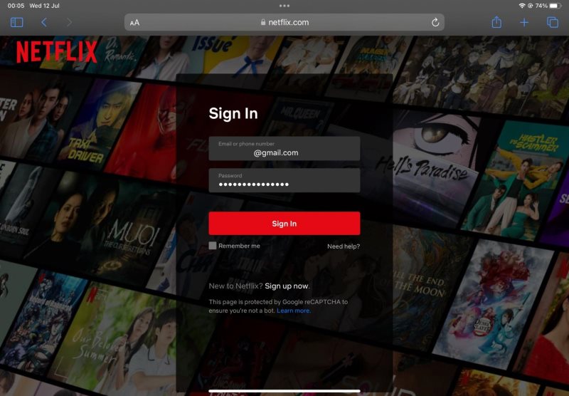 Netflix log-in page in the Safari browser on an iPad