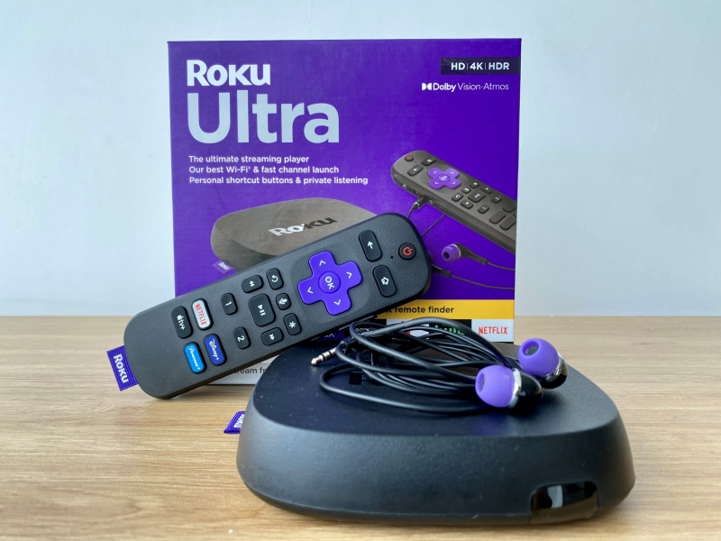 Roku Ultra with the voice pro remote in front of the box