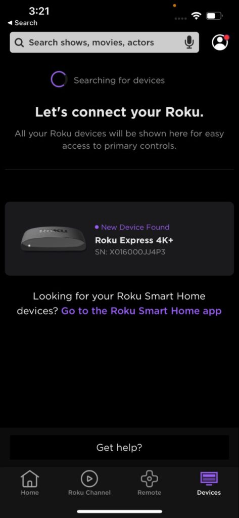 Roku device list to connect in the Roku Mobile app