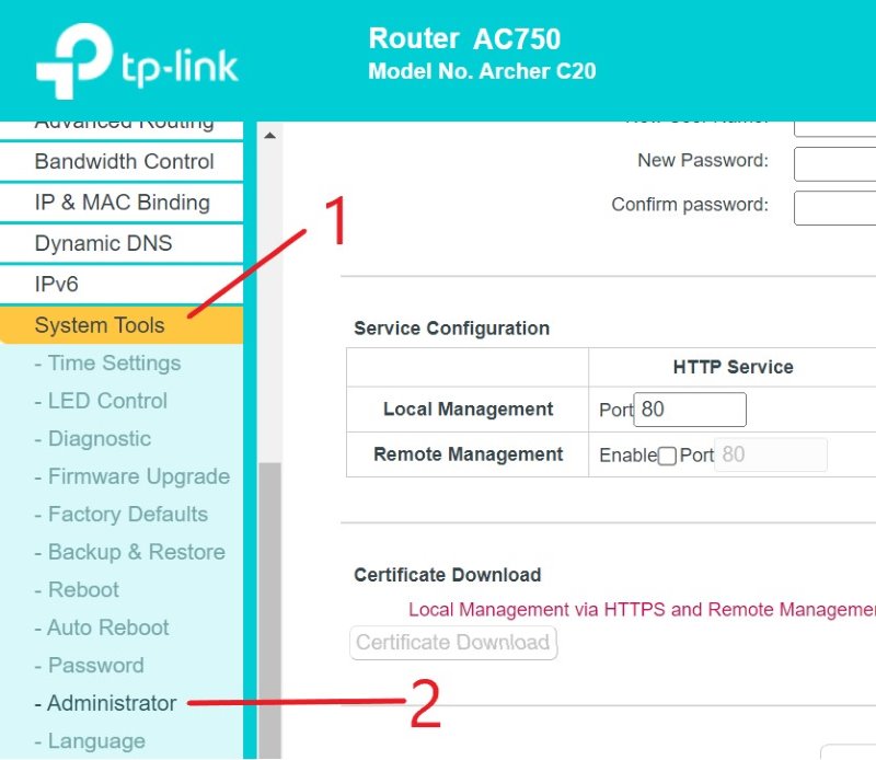accessing the Administrator setting on a TP-Link router's configuration panel