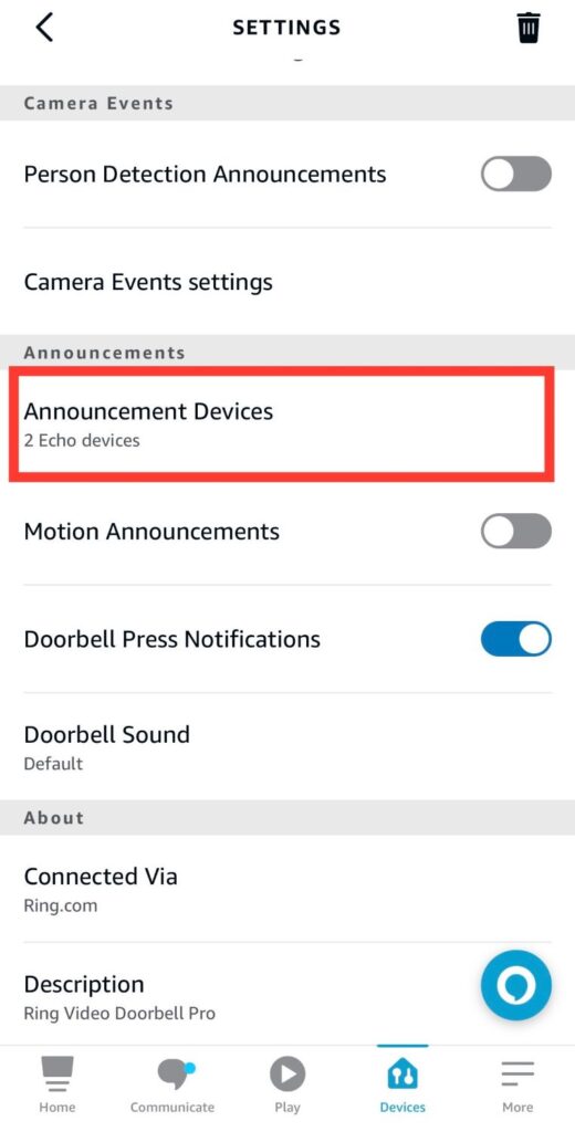 announcement devices option on amazon alexa app