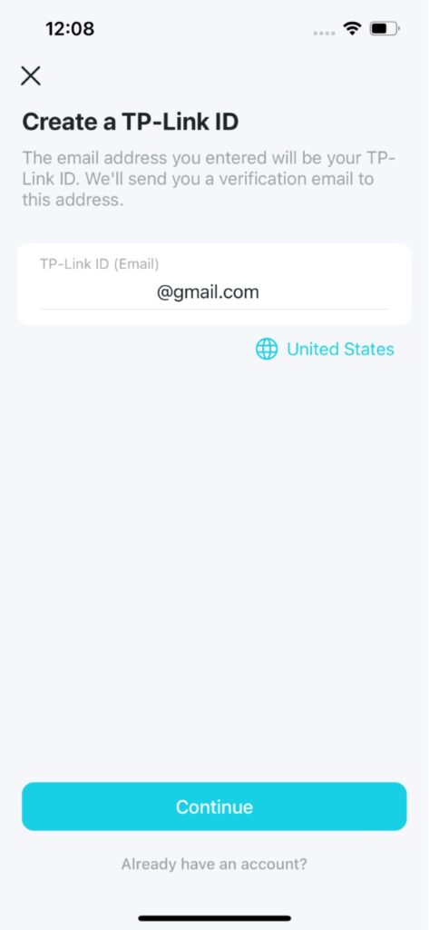 create a TP-Link account page in the TP-Link Tether app