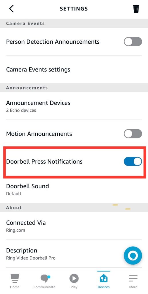 doorbell press notifications option is toggled on