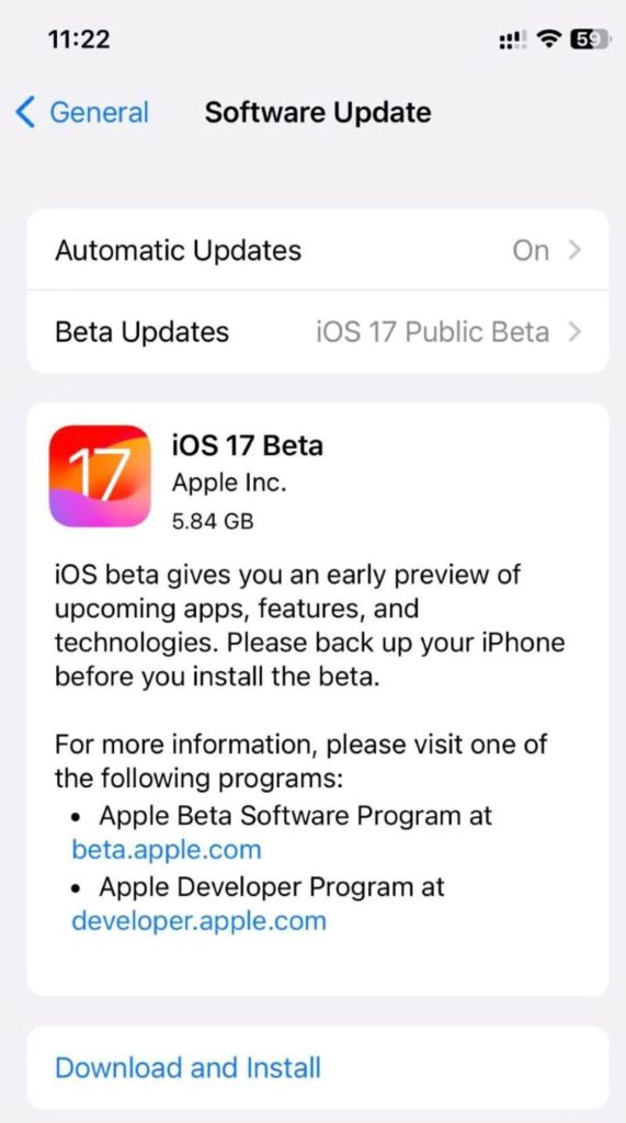 iOS 17 Beta update option on an iPhone