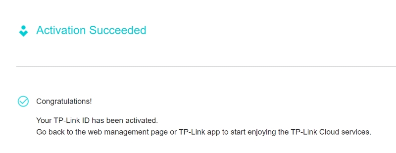 notification about TP-Link ID account activation succeeded