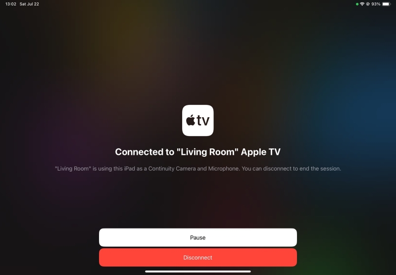 notification of Connected to an Apple TV on an iPad via Continuity Camera