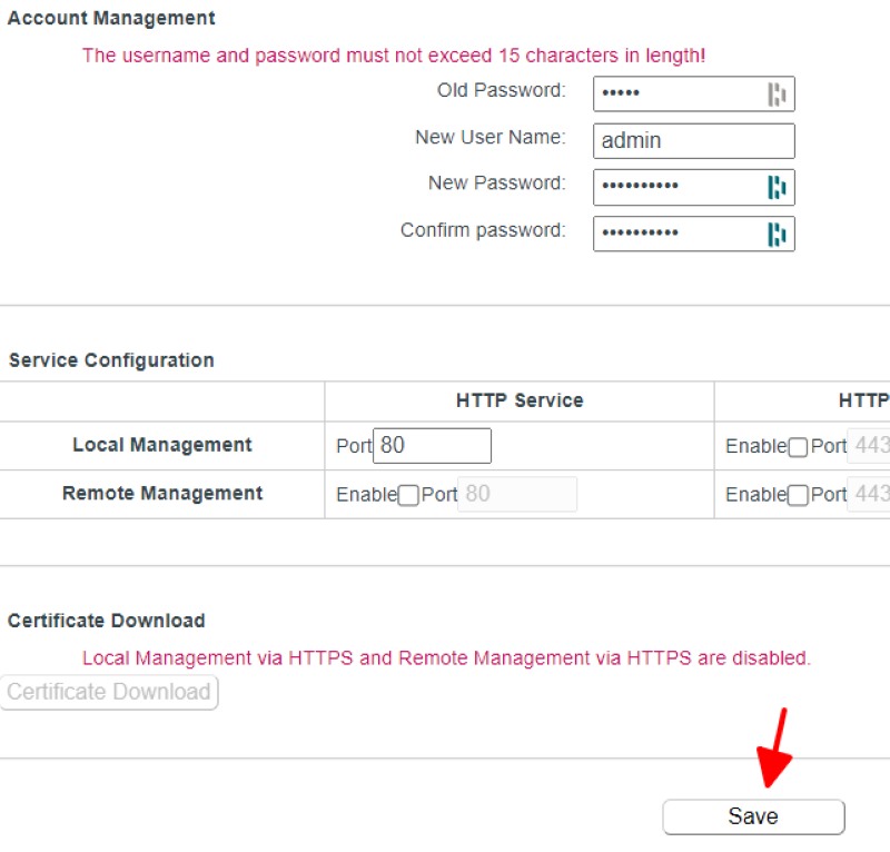 press Save to set the new password for the TP-Link router in the configuration panel