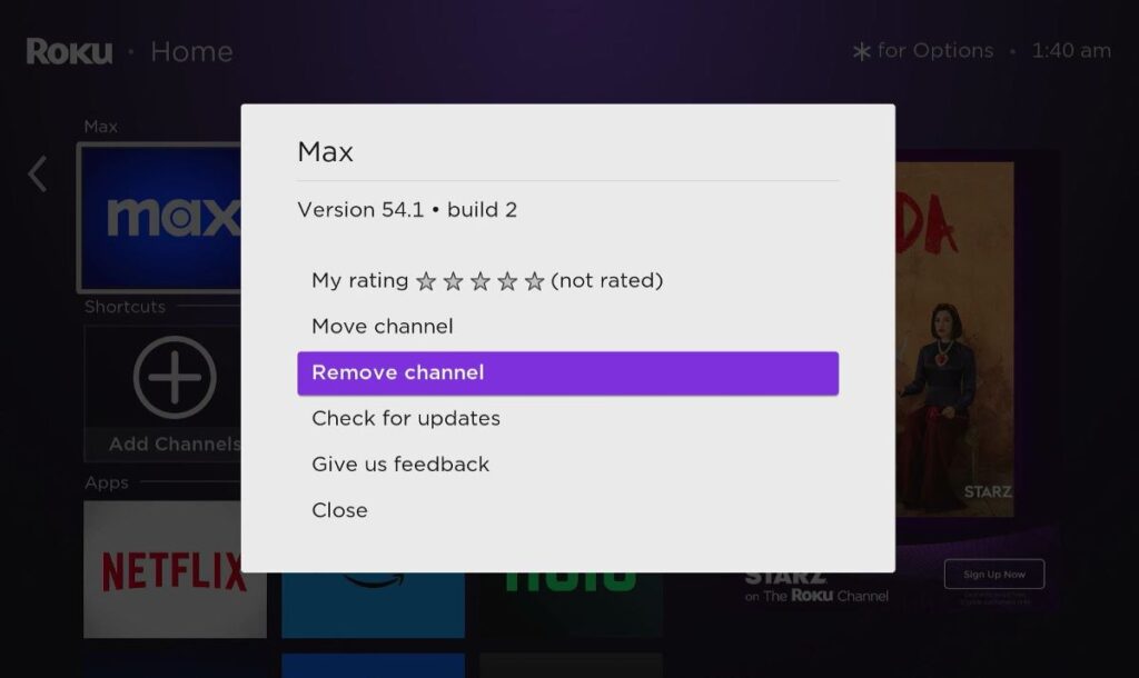 remove max from roku