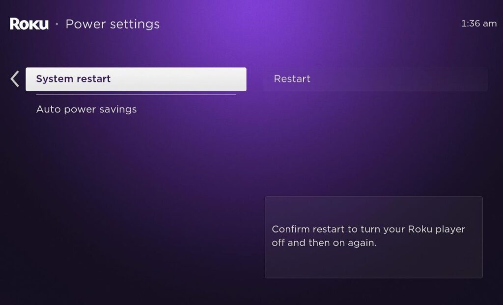 restart a roku from settings