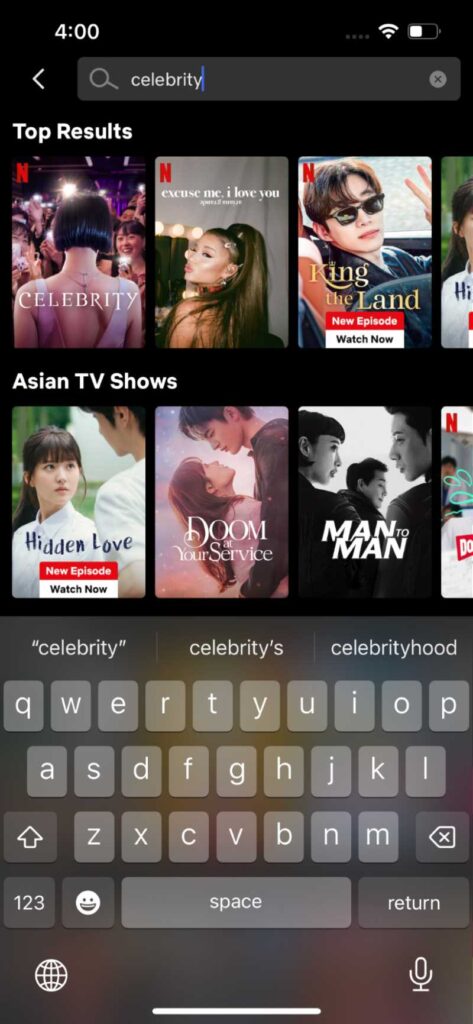 search for a movie in the Netflix app on an iPhone