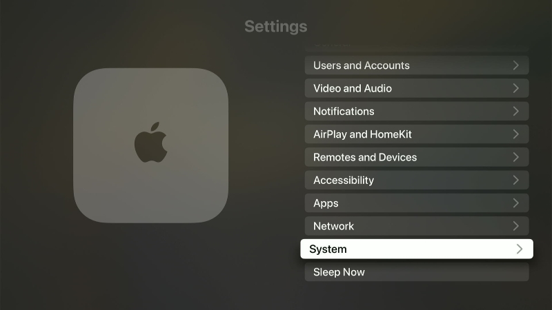 select System in the Apple TV settings menu