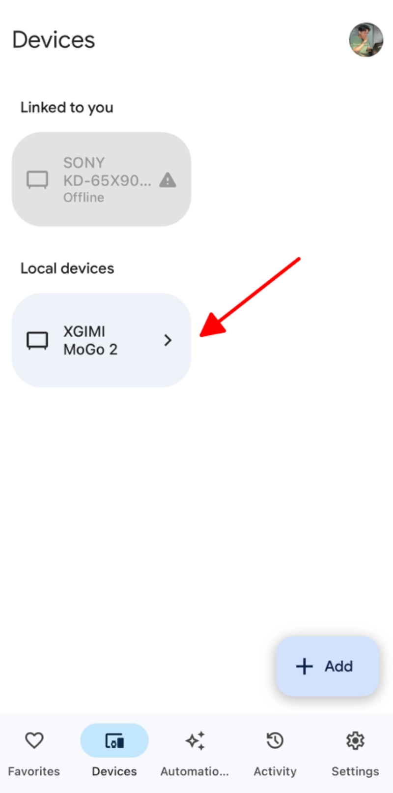 select the XGIMI Mogo 2 projector on the Google Home Devices section