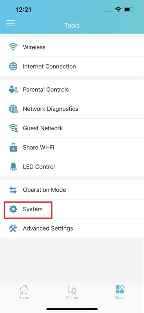 select the router's System setting in the TP-Link Tether app