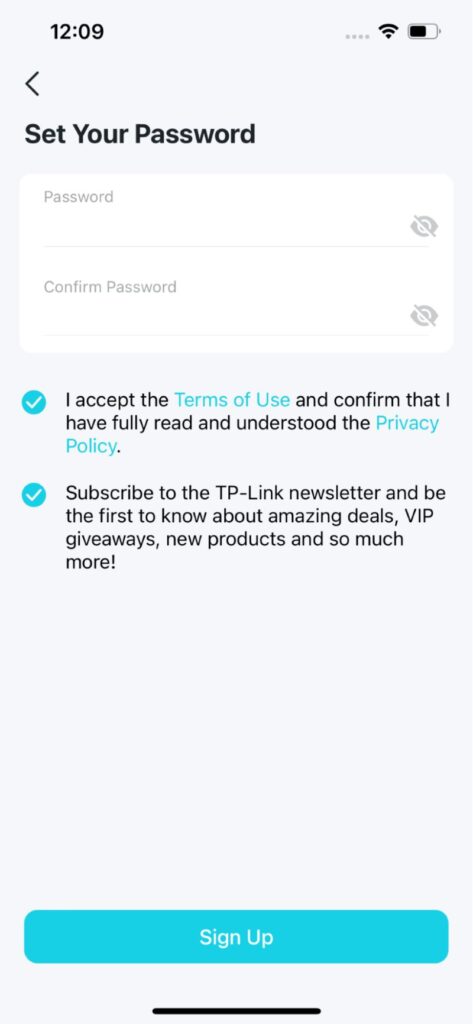 set the password for the TP-Link account in the TP-Link Tether app