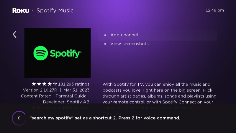 successful notification on assigning Roku shortcut button as searching for my Spotify voice command
