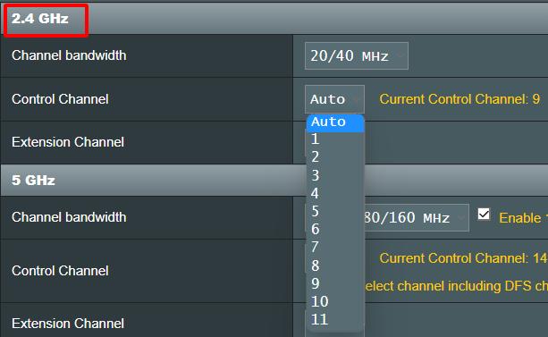 2.4ghz band router channel list is opened