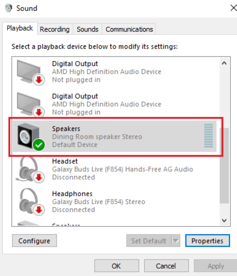 Click on your current output speaker marked by a green check mark in Windows Sound settings