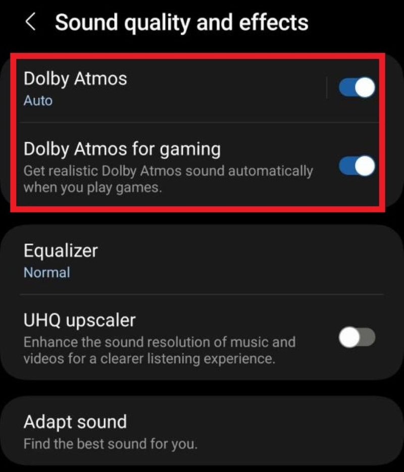 Dolby Atmos for gaming settings on a Samsung phone