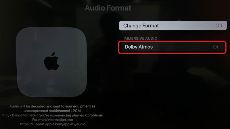 Dolby Atmos is enabled in Apple TV audio format settings