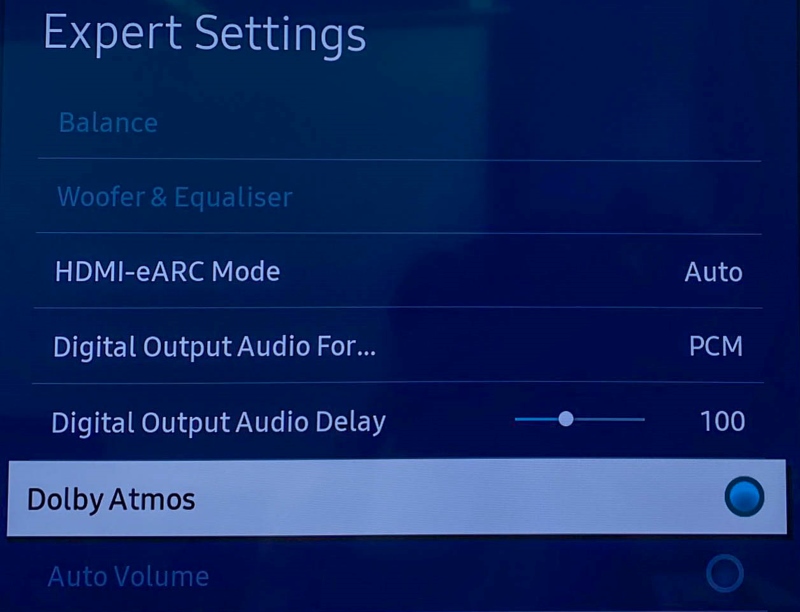 Dolby Atmos settings are turned on in Samsung TV settings