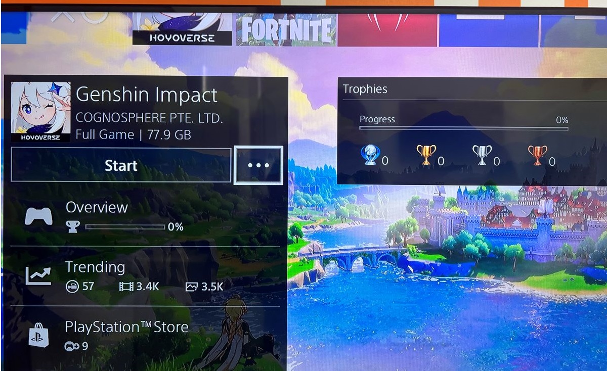 Genshin Impact information on PS4 interface using TCL TV for display