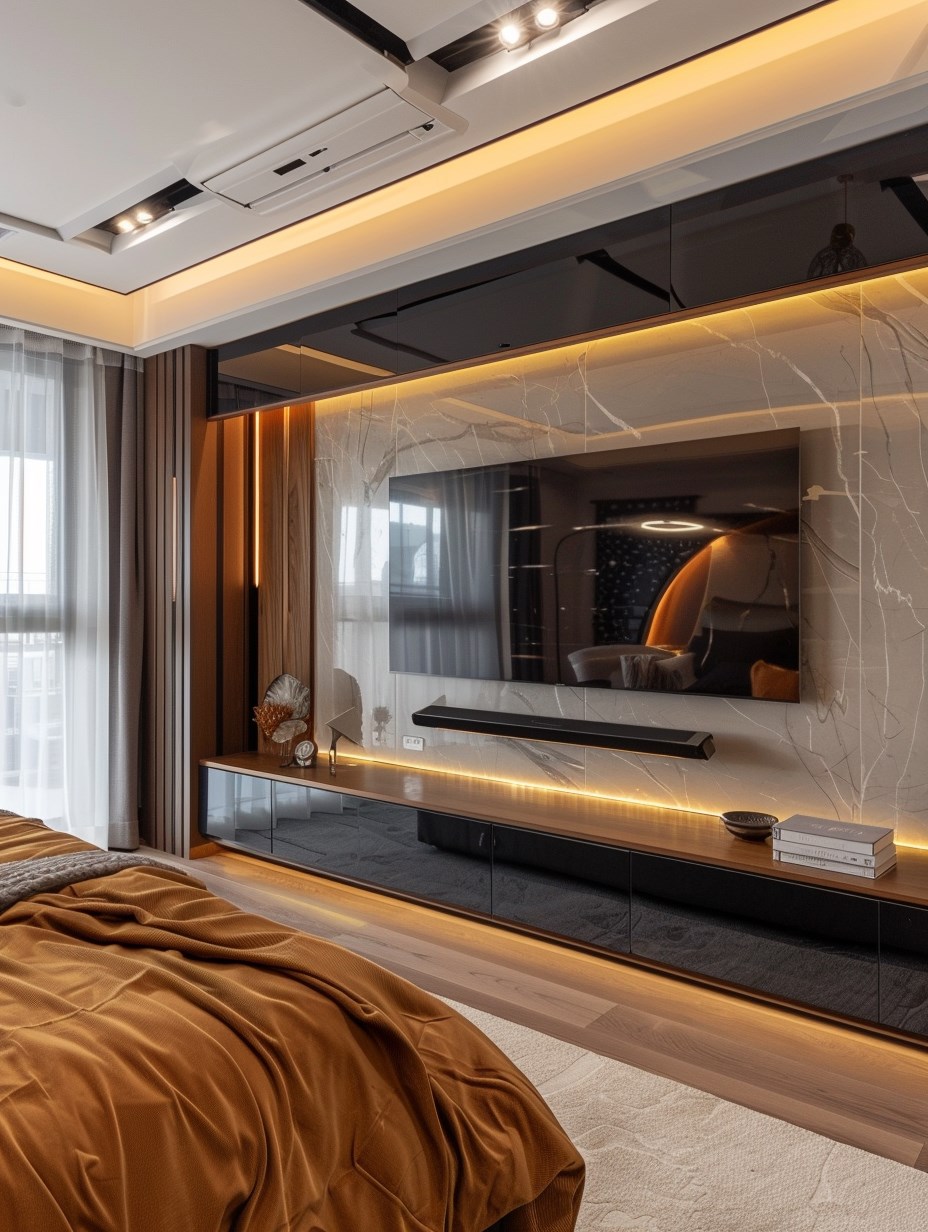 Modern Contemporary Bedroom TV Wall 9 - A Modern Contemporary Bedroom with TV and ambiance lighting and orange bedsheet