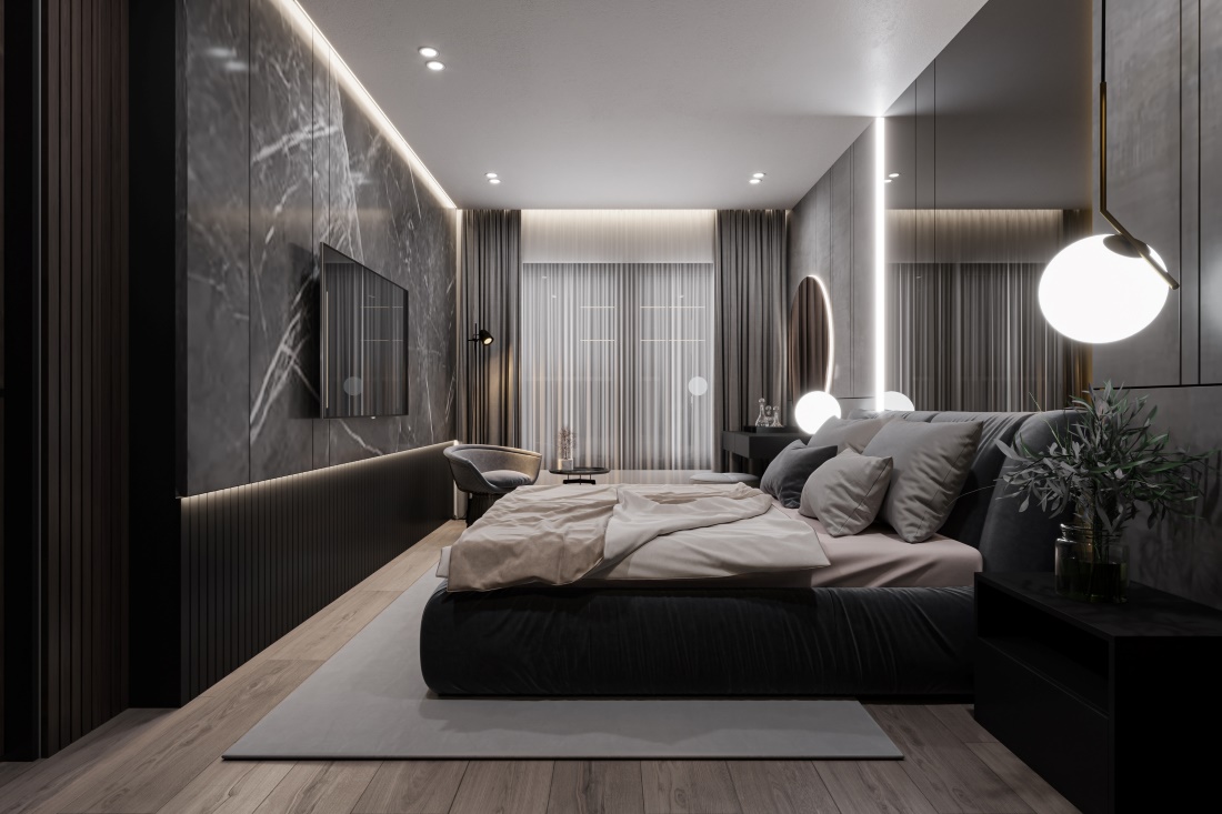 Modern Minimal Bedroom TV Wall 1 - Modern Bedroom in Dark Colors