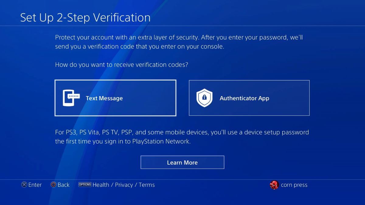 Set up 2-step Verification from PS4 has 2 option via text message or via an authenticator app