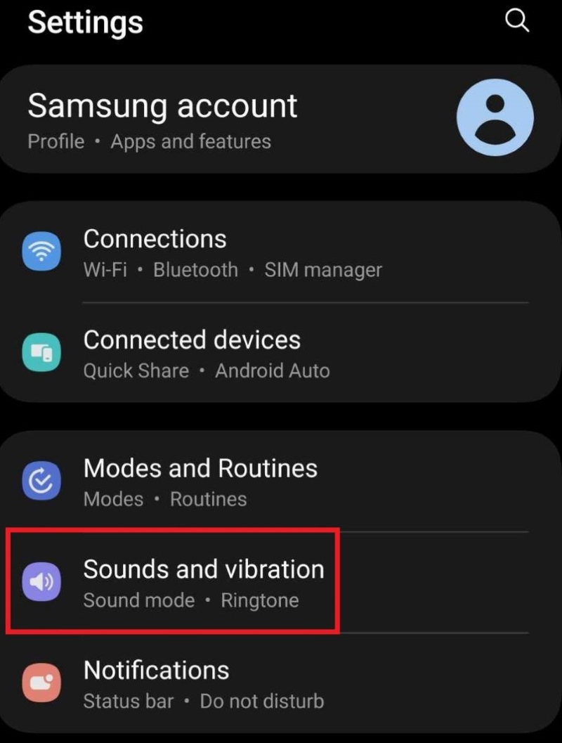 Sounds and vibration settings on a Samsung phone