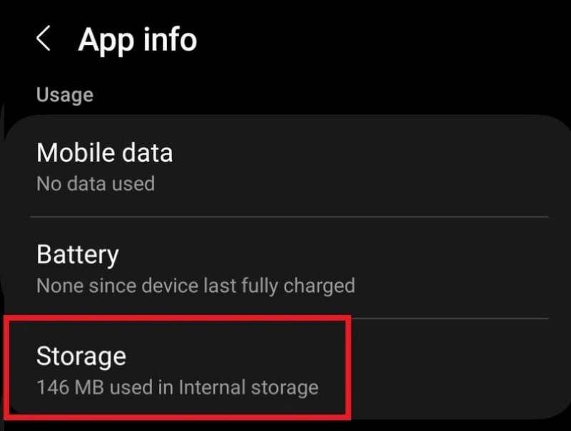 Storage option in App info settings on a Samsung phone
