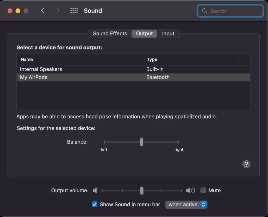 The AirPod is connected to MacBook and being selected from the Sound setting