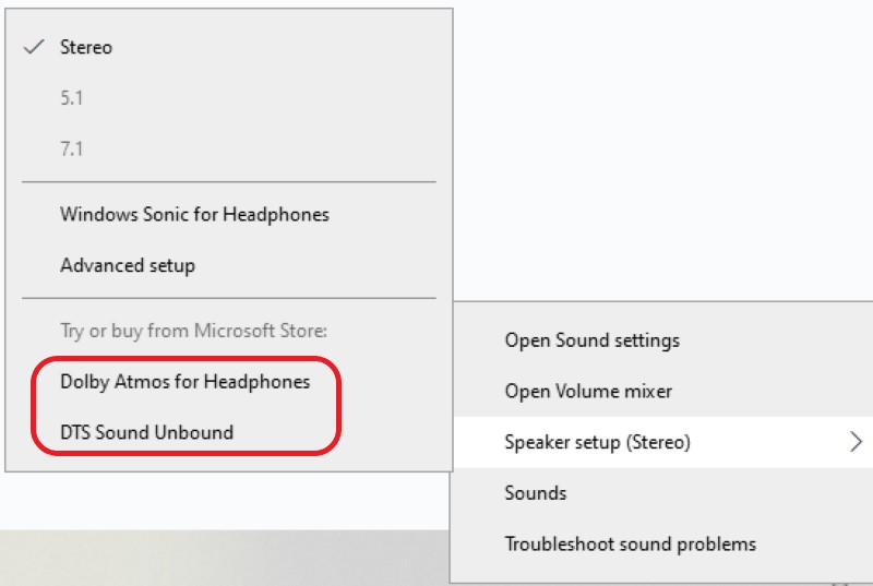 The Dolby and DTS in Spatial Sound Audio Windows settings are accessible