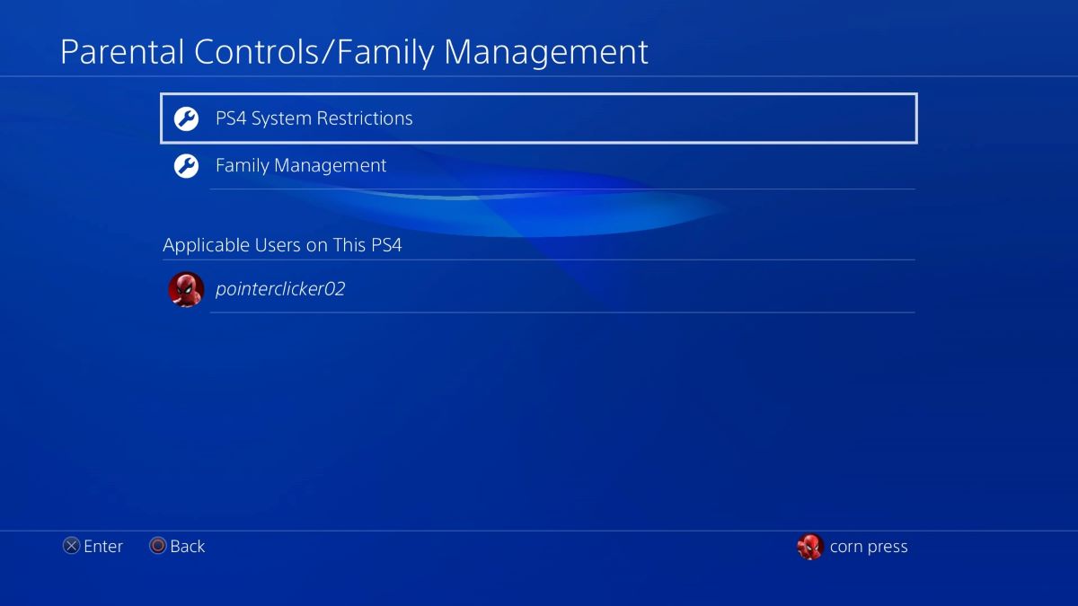 The PS4 System Restrictions from the Parental Controls on the PS4 with pointerclick02 account down below